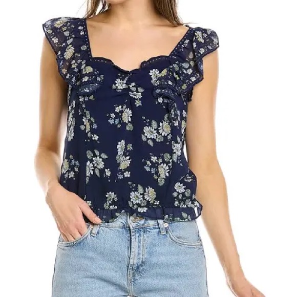 Max Studio Women's Xl Blouse Navy Blue Floral Ruffle Square Neck 2703y79